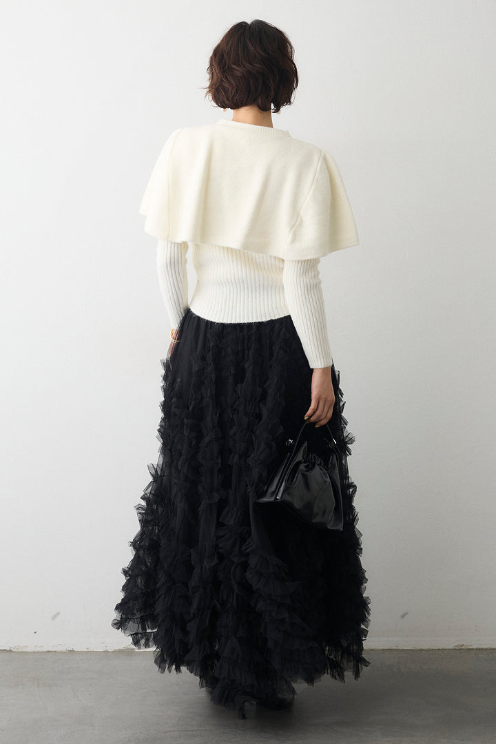 [予約/SET]ミックス釦ケープ2wayニット+スフレアシメチュールスカート(2set)