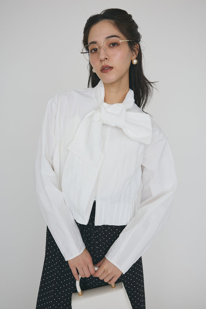 [予約/SET]フロントファスナーヘムタックボウタイブラウス+シアードットリラックスパンツ(2set)