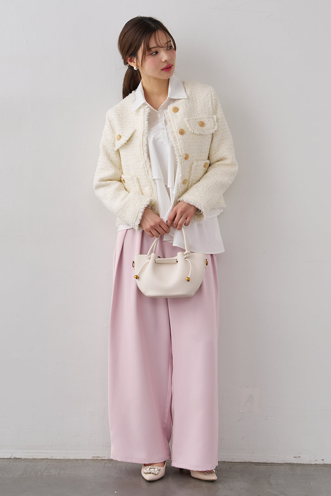 [予約/SET]フリンジツイードゴールドボタンジャケット+エステルツイルタックワイドカラーパンツ(2set)