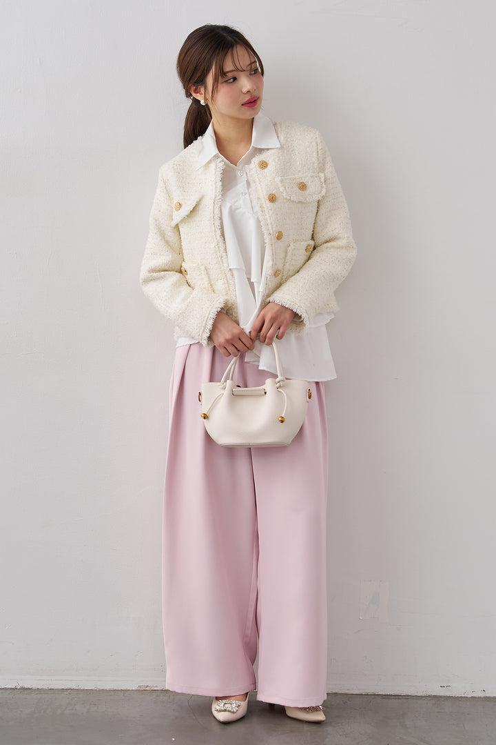 [予約/SET]フリンジツイードゴールドボタンジャケット+エステルツイルタックワイドカラーパンツ(2set)