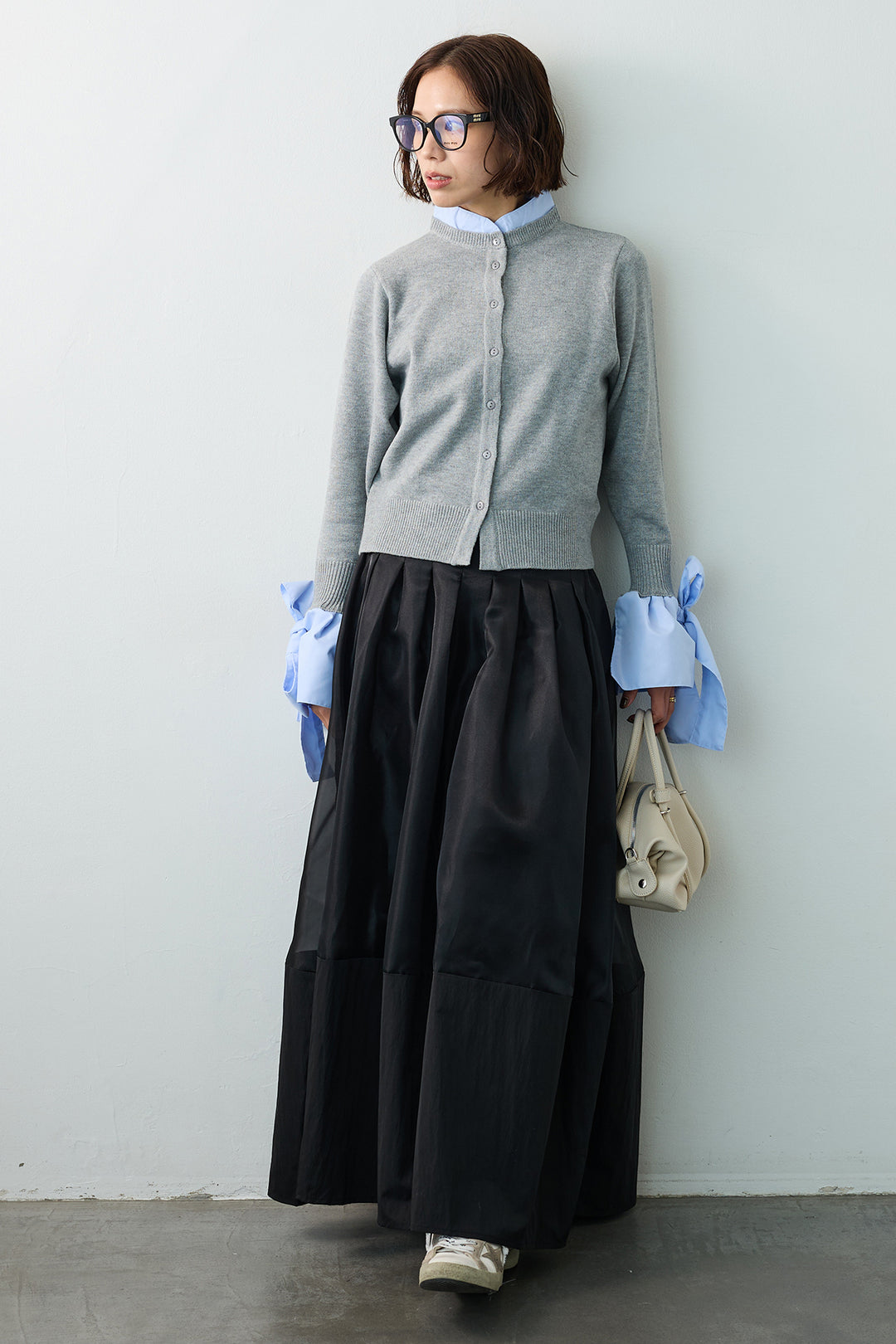 [予約/SET]BIGリボンカフスデザインニットドッキングカーデ+オーガンジー×タフタコクーンスカート(2set)