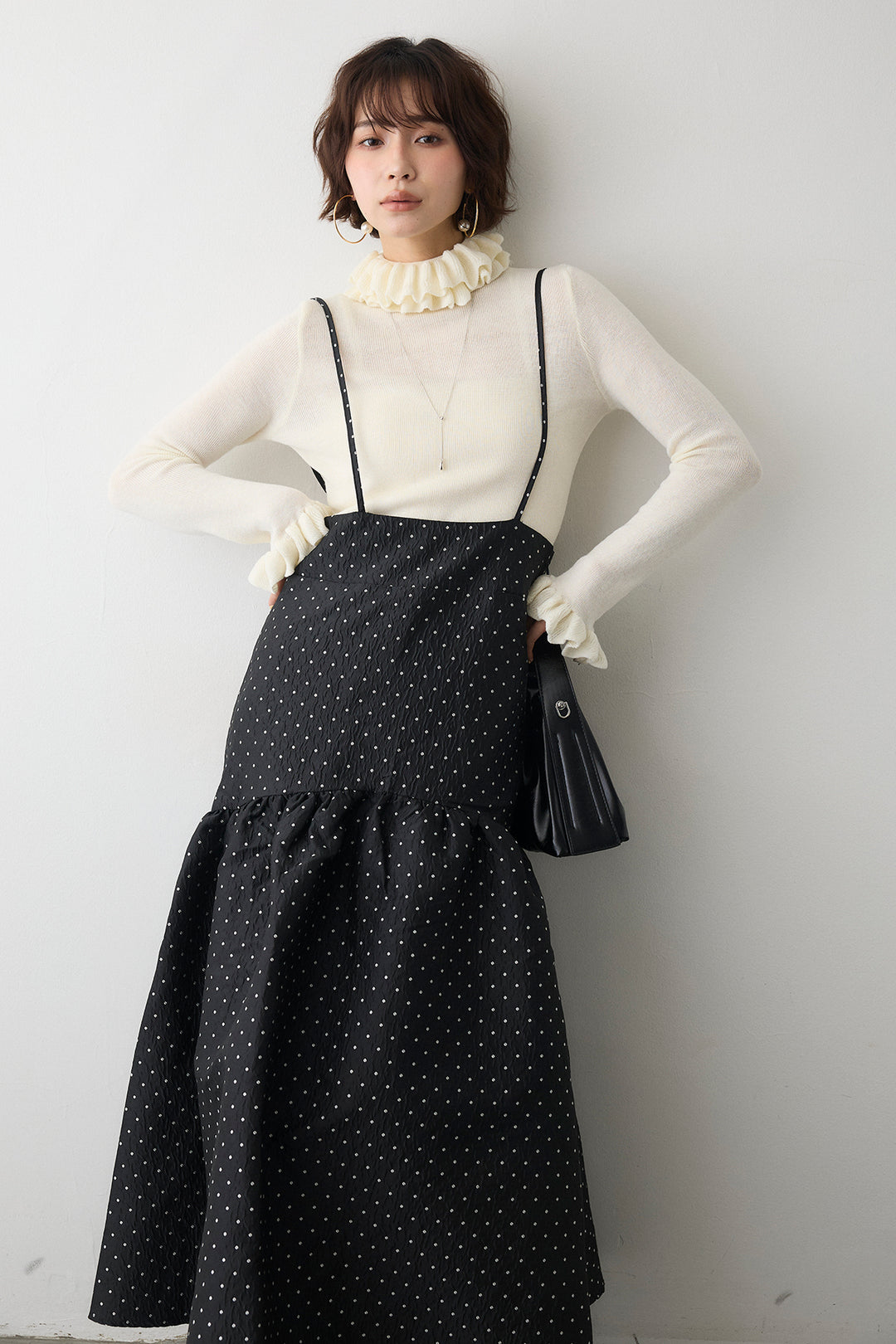 [予約/SET]ダブルフリルカラーニットプルオーバー+ドットジャガードギャザーフレアスカート(2set)