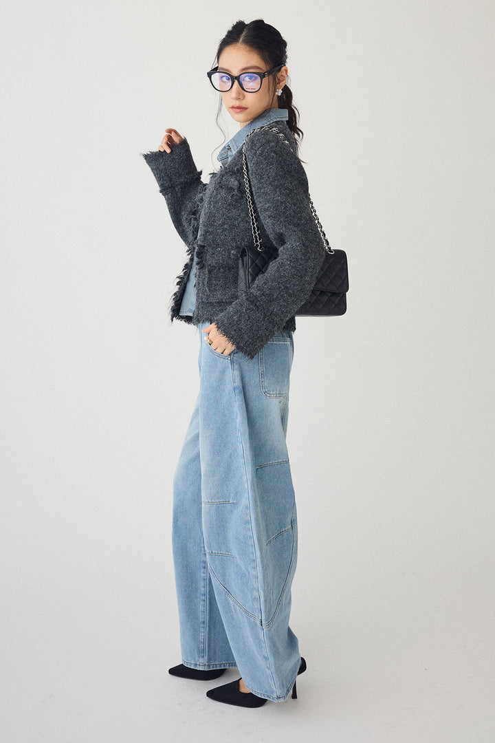 [予約/SET]デニムシャツドッキングツイードカーデ+ステッチ美ラインカーブデニムパンツ(2set)