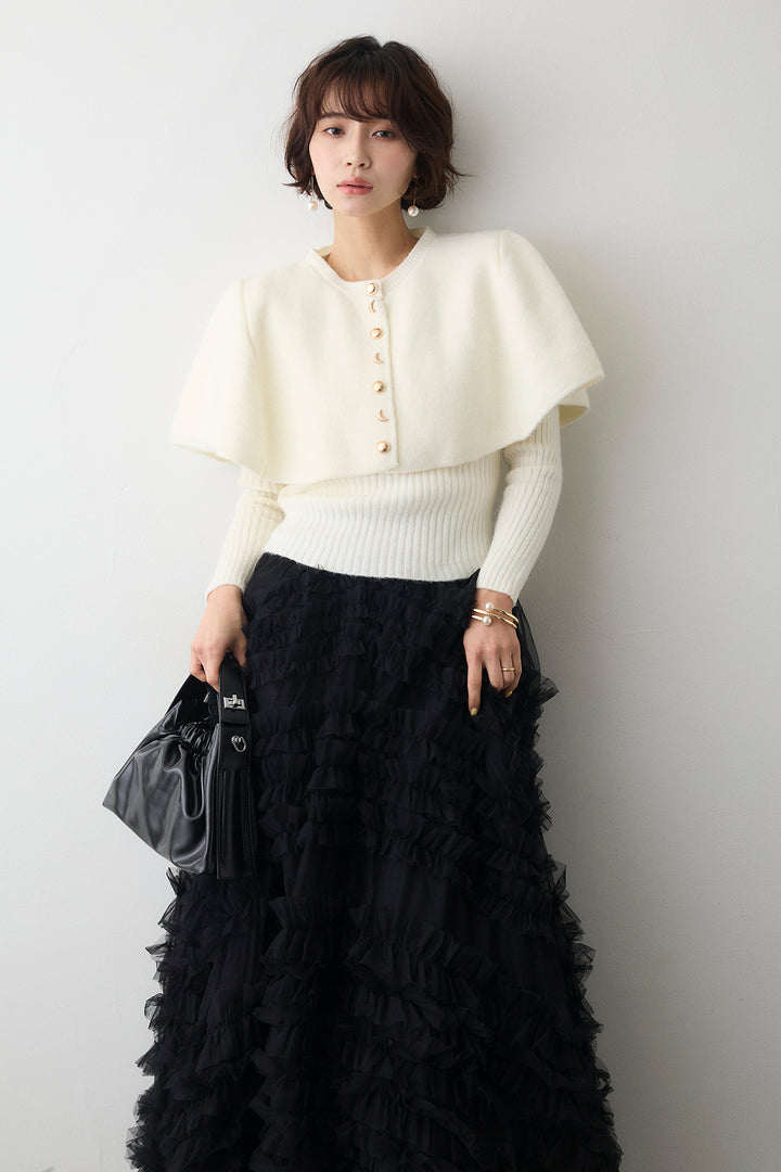 [予約/SET]ミックス釦ケープ2wayニット+スフレアシメチュールスカート(2set)