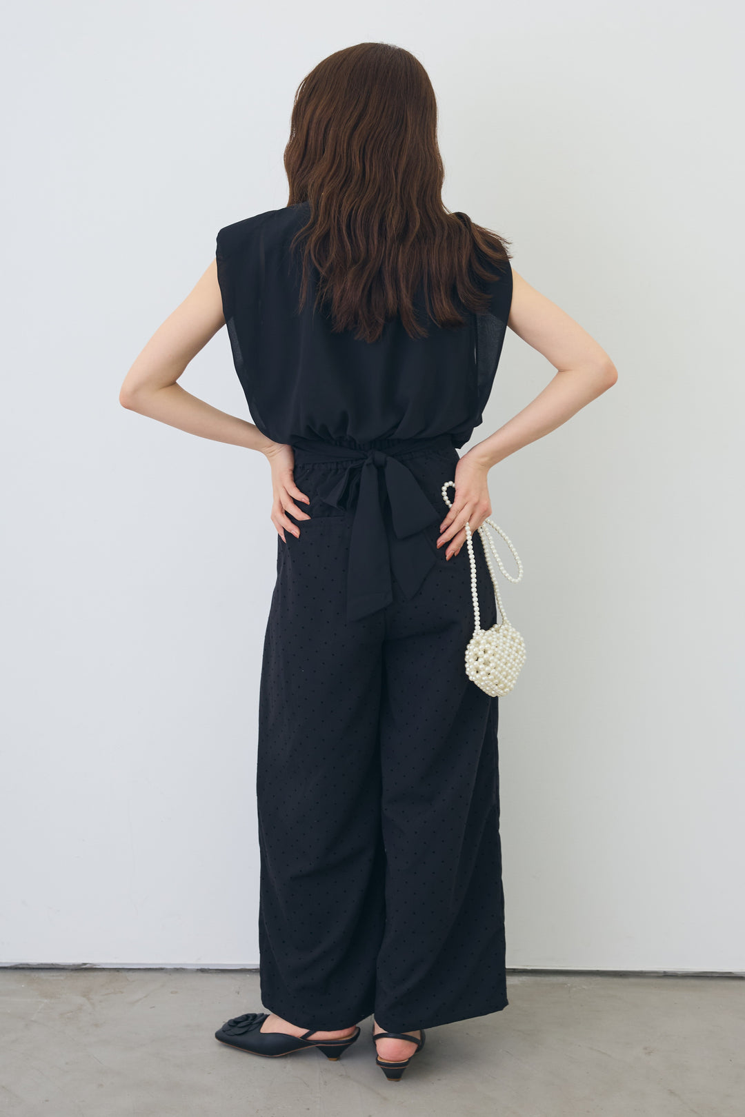 [予約/SET]バックリボンモードショルダーシフォンブラウス+ドットツイルタックワイドパンツ(2set)