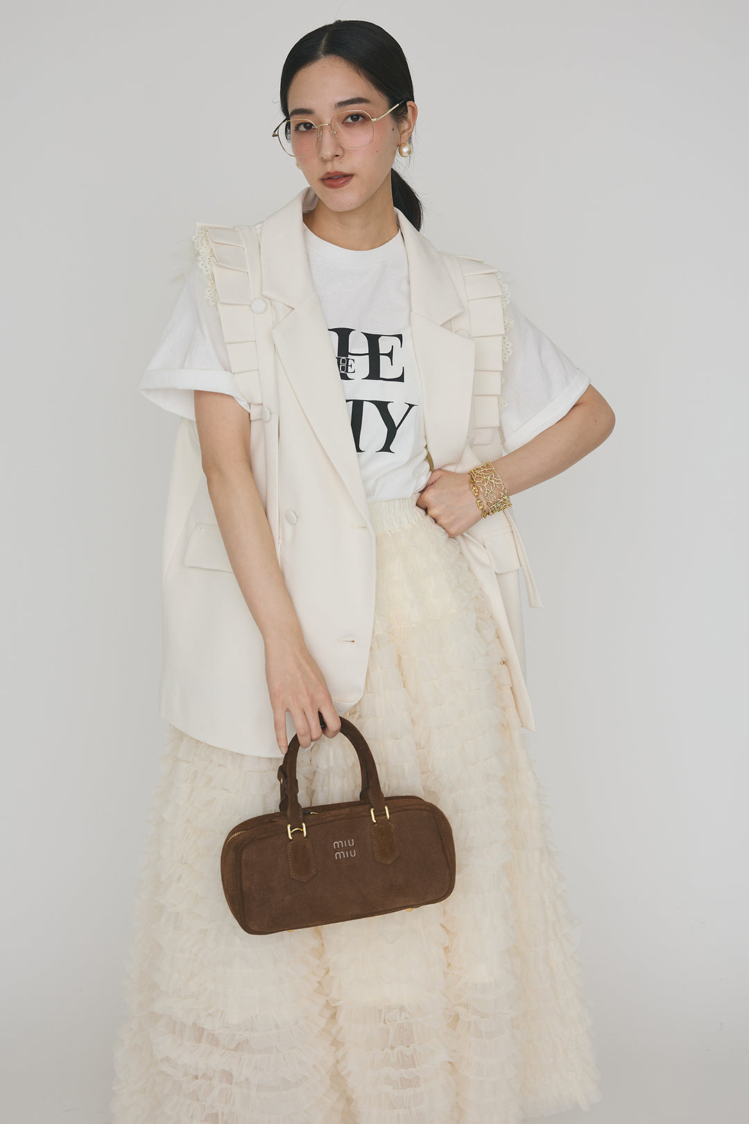 [予約/SET]フリルショルダーテーラーマニッシュベスト+ホイップチュールティアードスカート(2set)