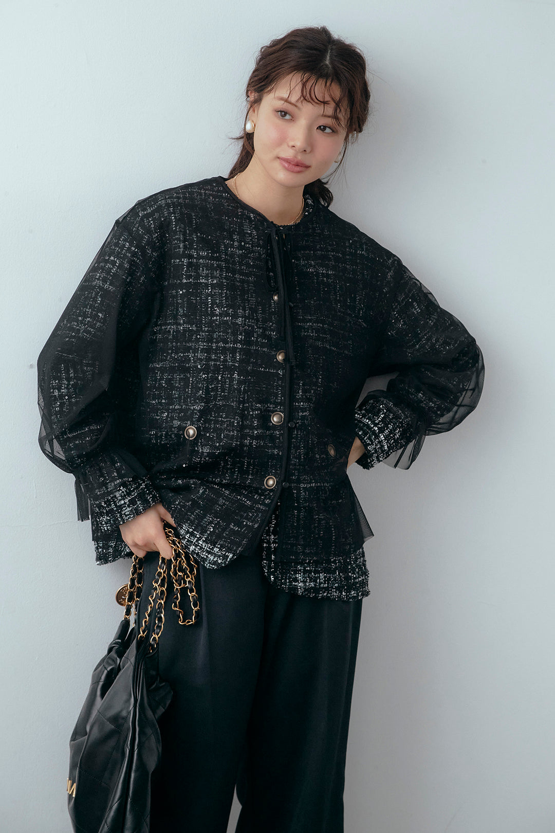 [予約/SET]2wayチュールレイヤードツイードジャケット+スプリングカラータックストレートパンツ(2set)