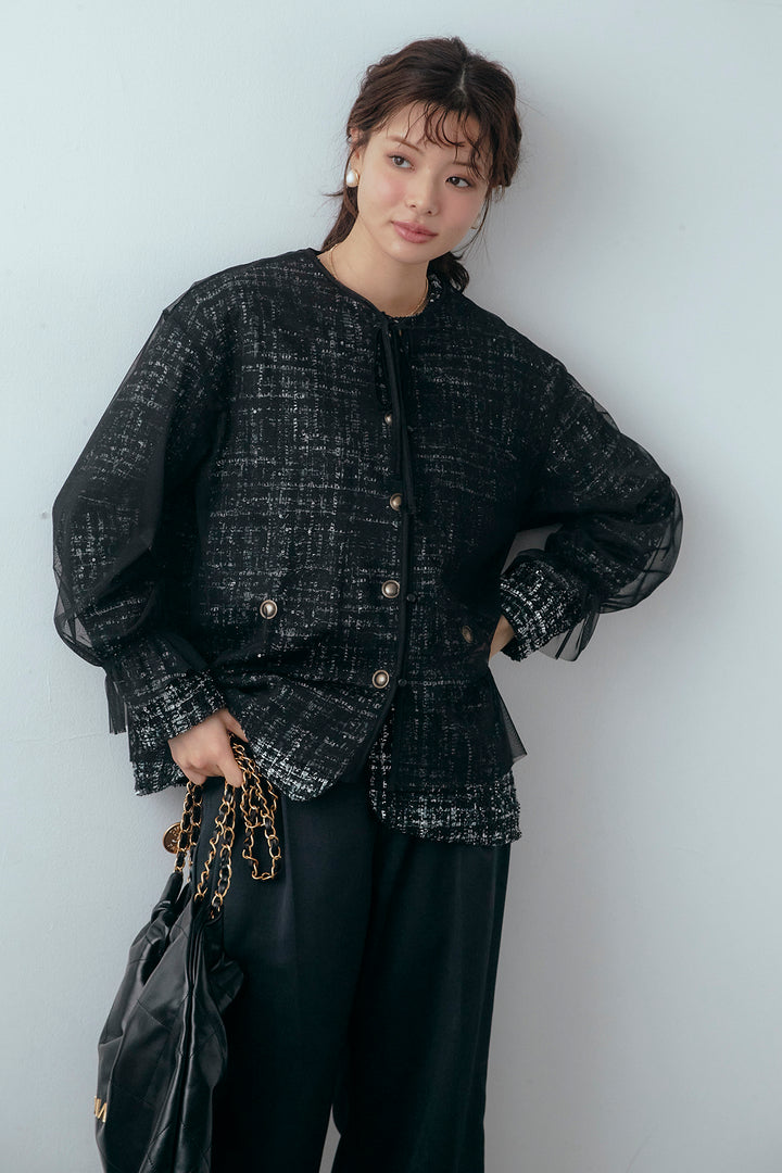 [予約/SET]2wayチュールレイヤードツイードジャケット+スプリングカラータックストレートパンツ(2set)