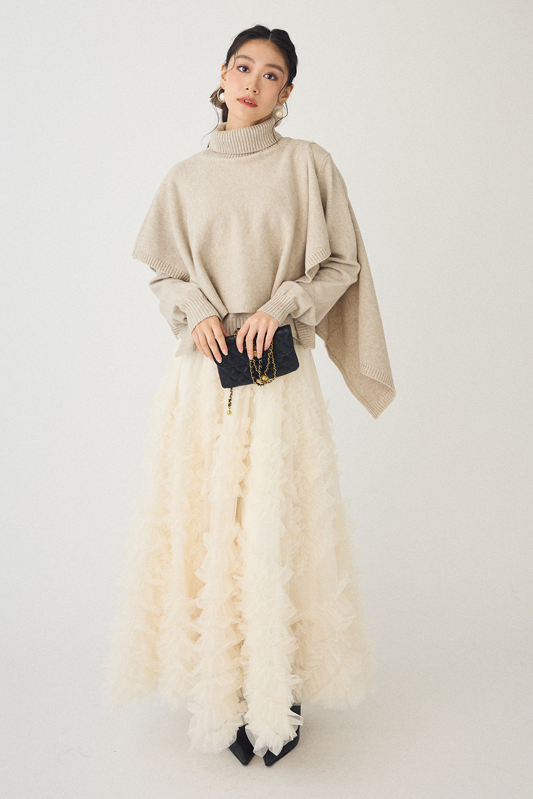 [予約/SET]アシメケープ2wayニット+スフレアシメチュールスカート(2set)