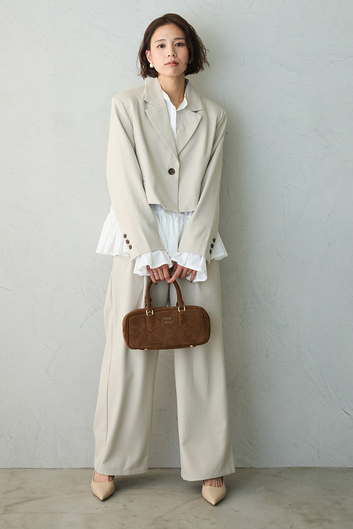 [予約/SET]フリルヘムスリーブブラウス+クロップドマニッシュシンプルジャケット+ツイルシンプルストレートパンツ(3set)