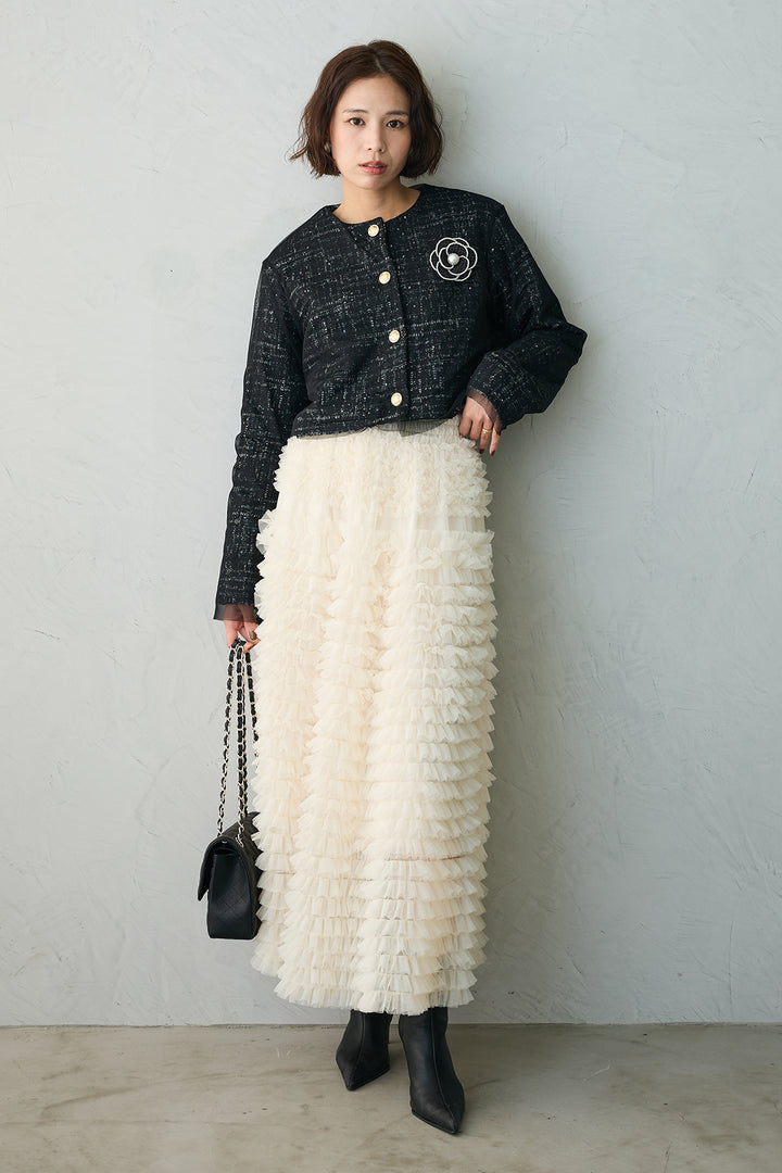 [予約/親子SET][kids]ティアードプリーツパールワンピセット+ツイード×チュールレイヤードクロップドジャケット+ホイップチュールティアードスカート(3set)