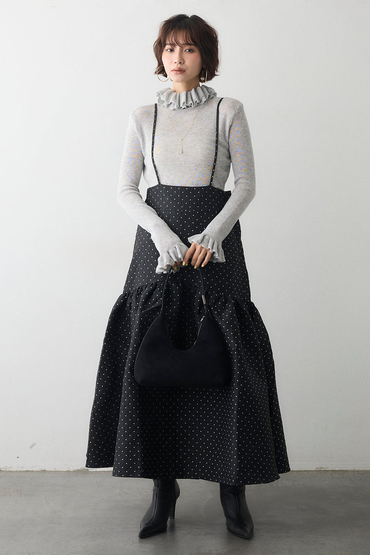 [予約/SET]ダブルフリルカラーニットプルオーバー+ドットジャガードギャザーフレアスカート(2set)