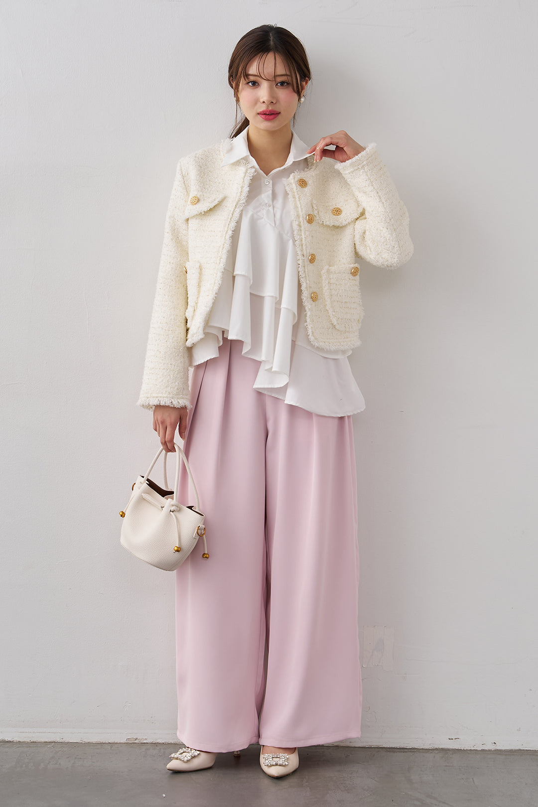 [予約/SET]フリンジツイードゴールドボタンジャケット+エステルツイルタックワイドカラーパンツ(2set)