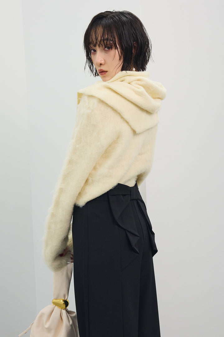 [予約/SET]モヘアタッチクロップドニットカーデ+モヘアタッチトライアングルスカーフ+バックリボンストレートパンツ(3set)