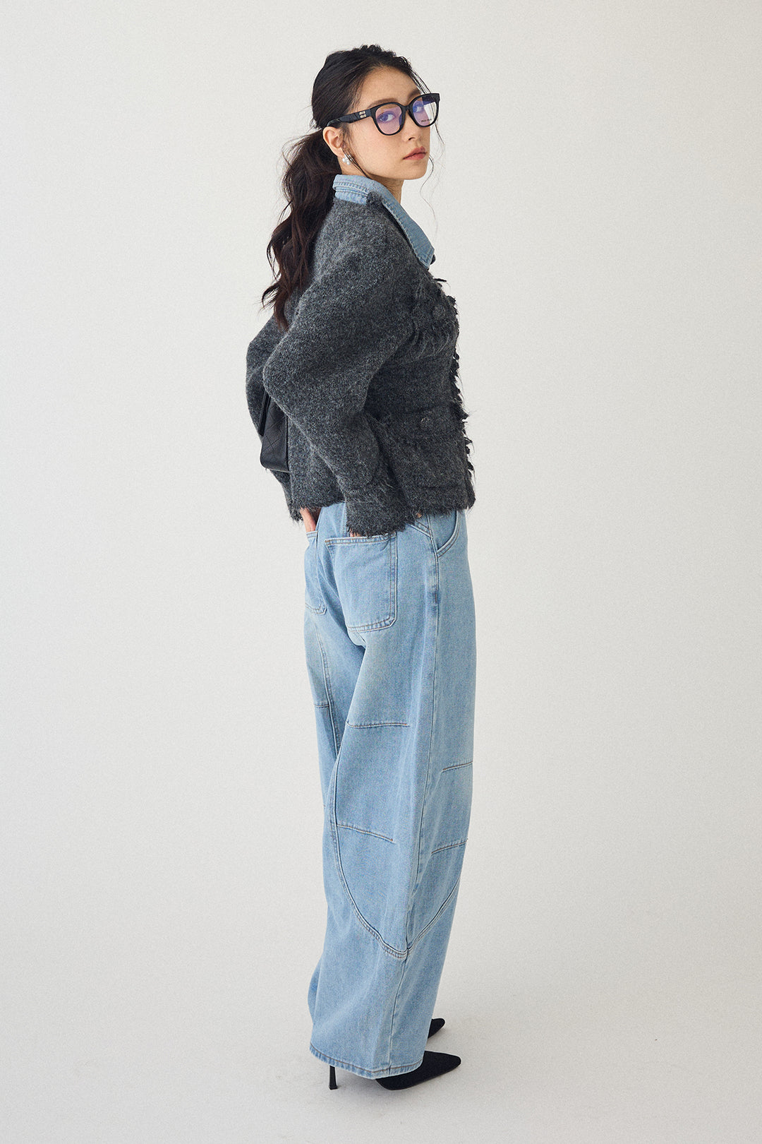 [予約/SET]デニムシャツドッキングツイードカーデ+ステッチ美ラインカーブデニムパンツ(2set)