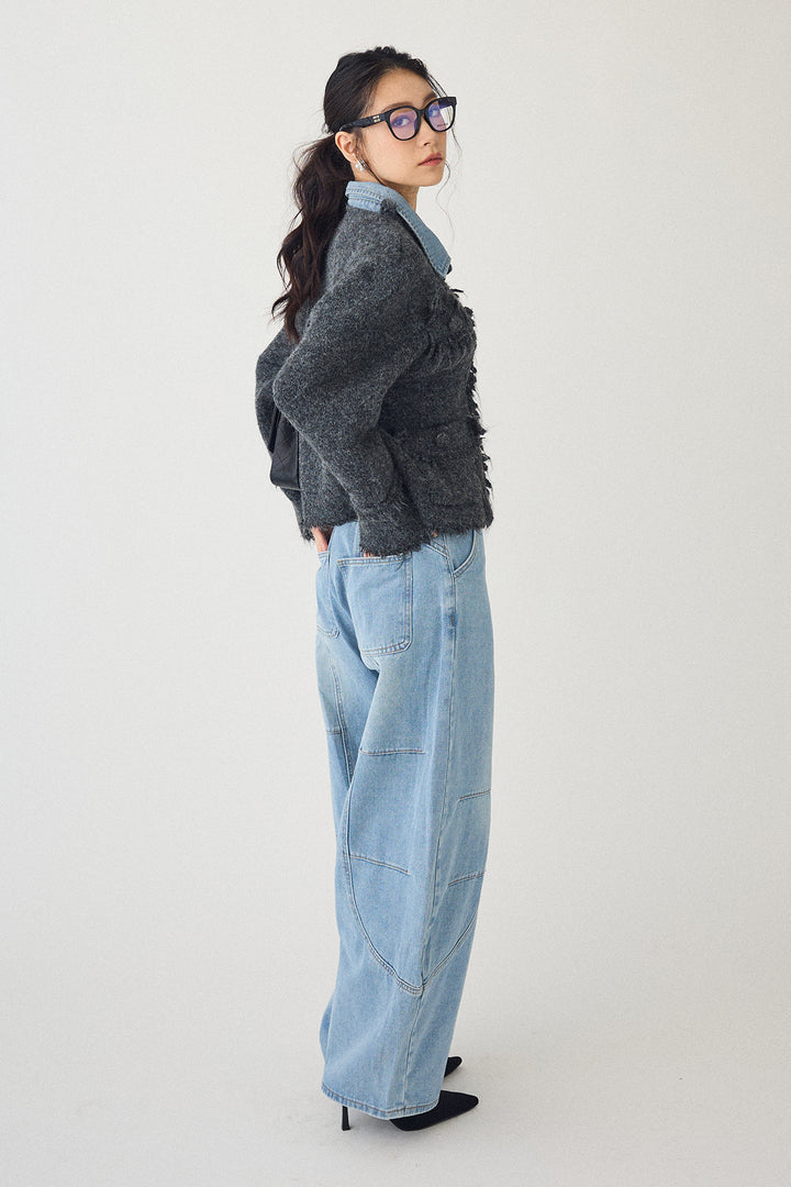 [予約/SET]デニムシャツドッキングツイードカーデ+ステッチ美ラインカーブデニムパンツ(2set)