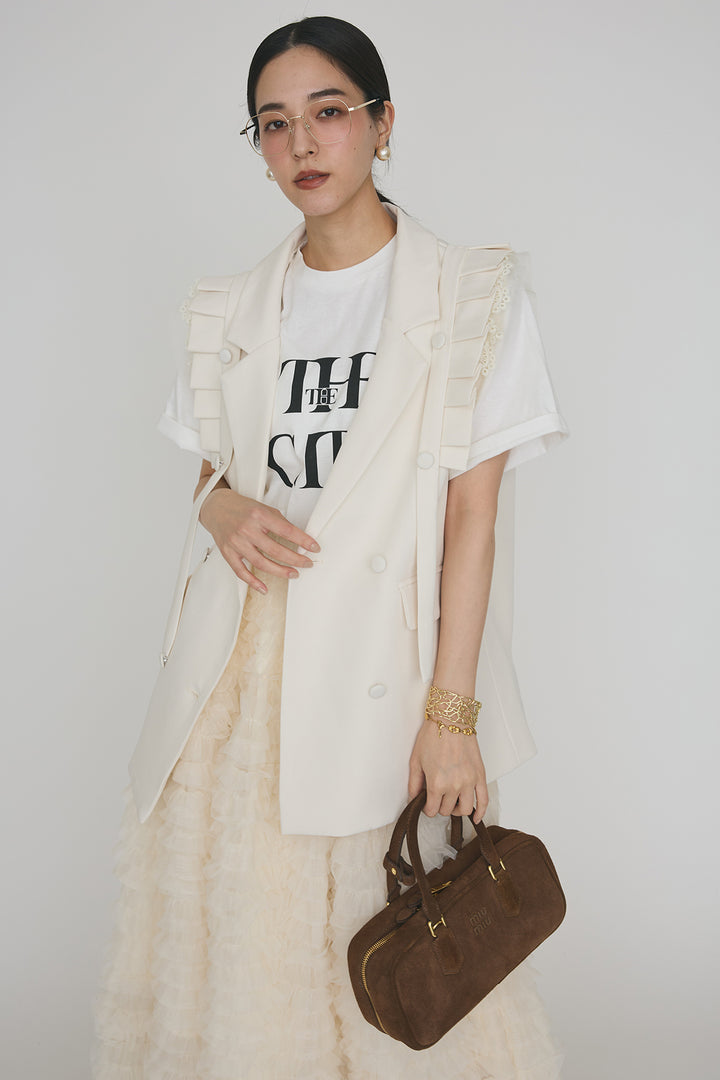 [予約/SET]ThecityロゴTシャツ+フリルショルダーテーラーマニッシュベスト+ホイップチュールティアードスカート(3set)