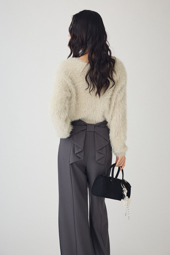 [予約/SET]ゴールドボタンラメシャギーニット+バックリボンストレートパンツ(2set)