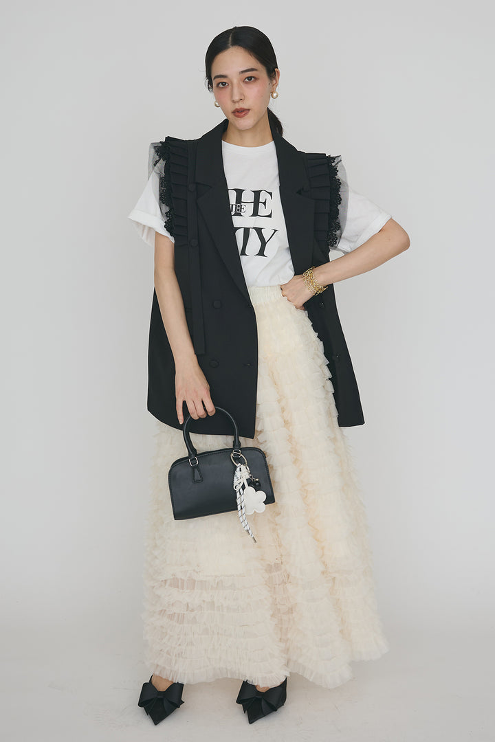 [予約/SET]フリルショルダーテーラーマニッシュベスト+ホイップチュールティアードスカート(2set)