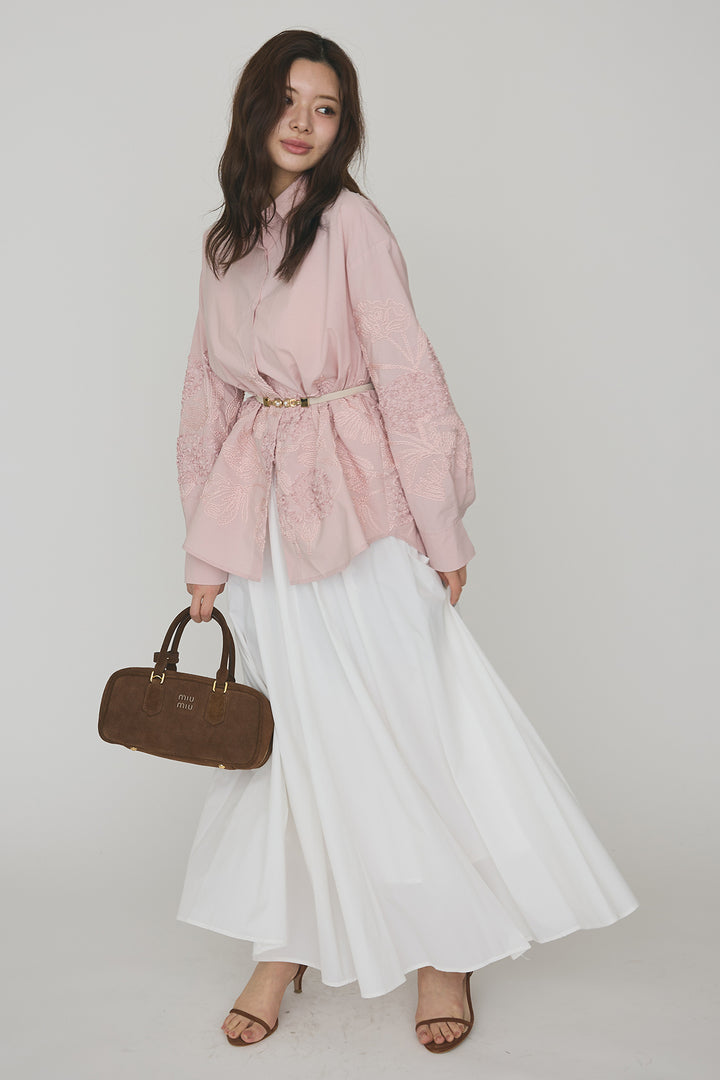 [予約/SET]フラワー刺繍モチーフオーバーシャツ+ギャザーフレア綿タッチスカート(2set)