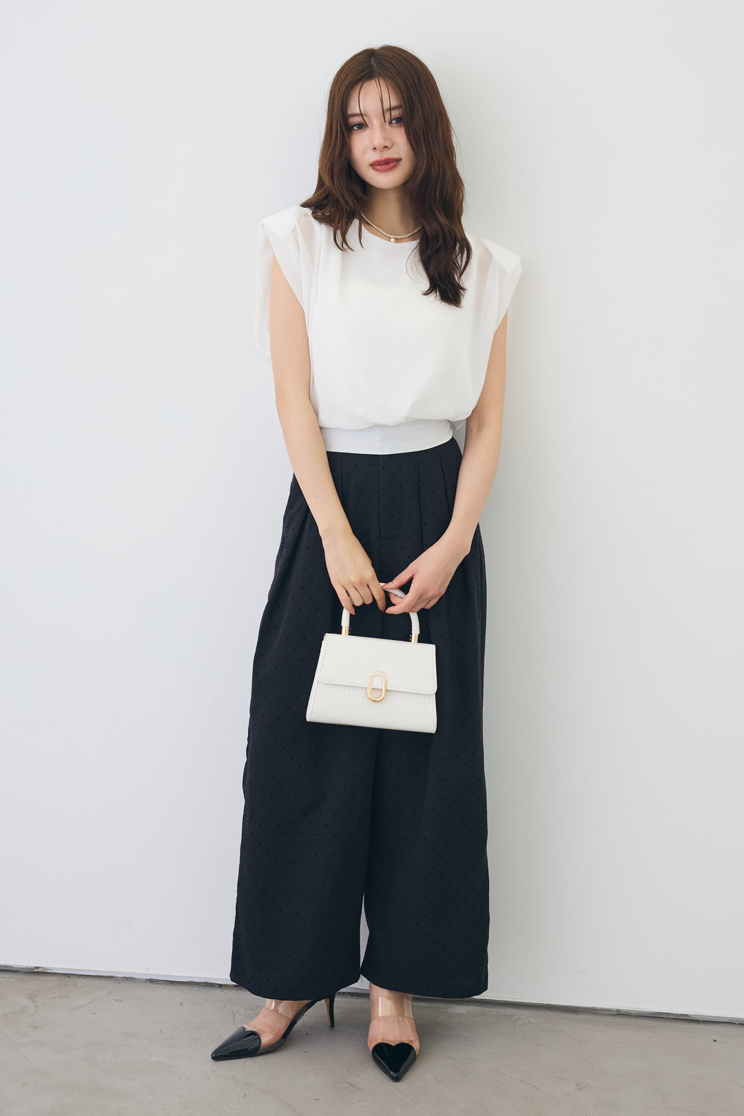 [予約/SET]バックリボンモードショルダーシフォンブラウス+ドットツイルタックワイドパンツ(2set)