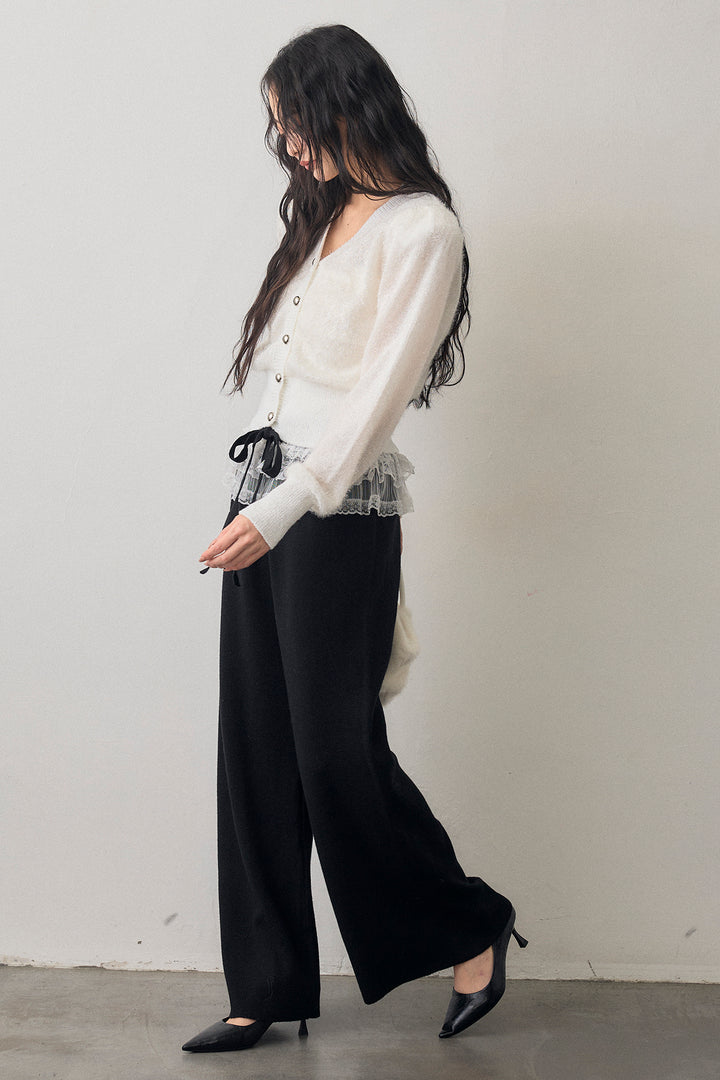 [予約/SET]コンシャスショルダーシャイニーニットカーデ+ウエストレースニットストレートパンツ(2set)