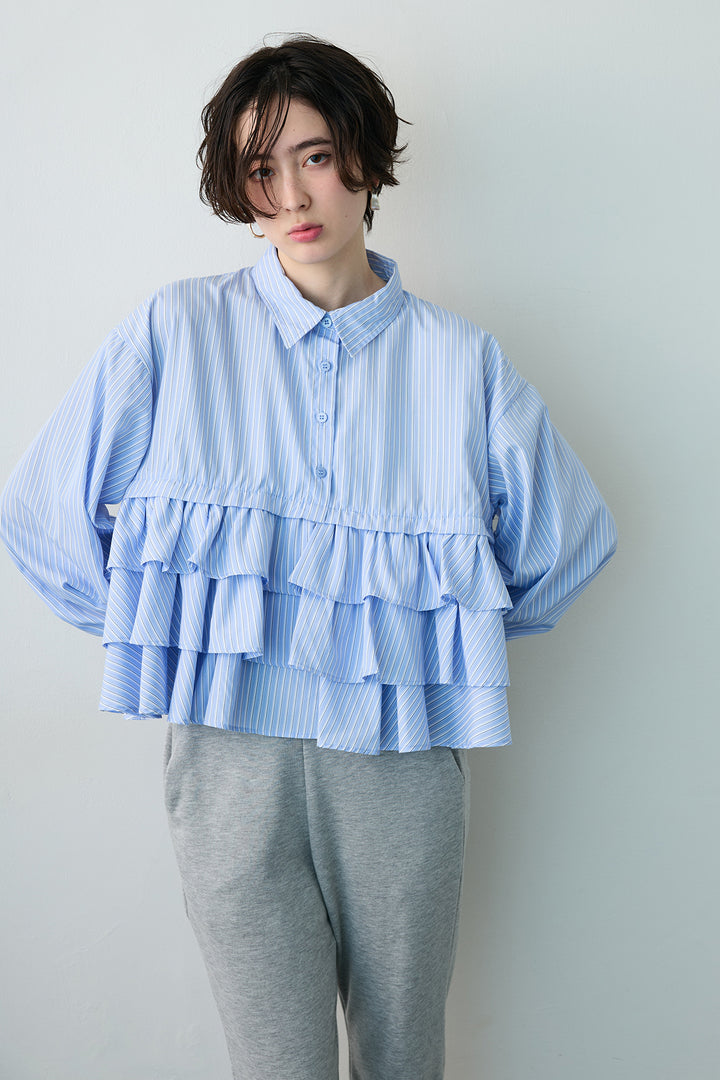 [予約]ストライプティアードフリルクロップドシャツ