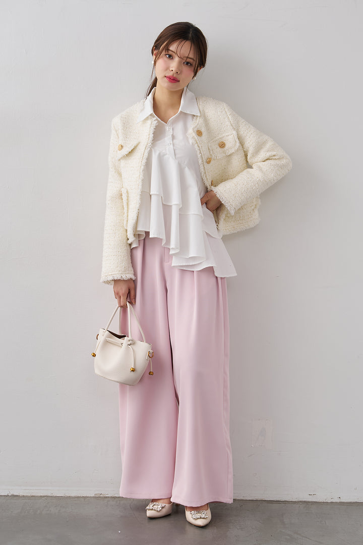 [予約/SET]フリンジツイードゴールドボタンジャケット+エステルツイルタックワイドカラーパンツ(2set)