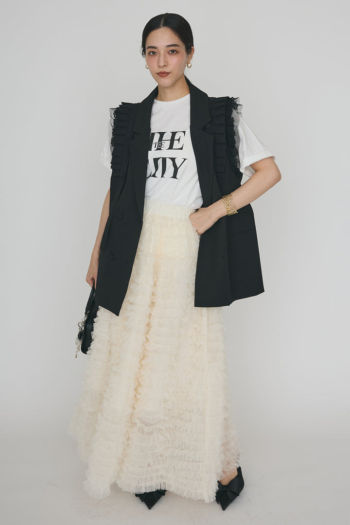 [予約/SET]フリルショルダーテーラーマニッシュベスト+ホイップチュールティアードスカート(2set)