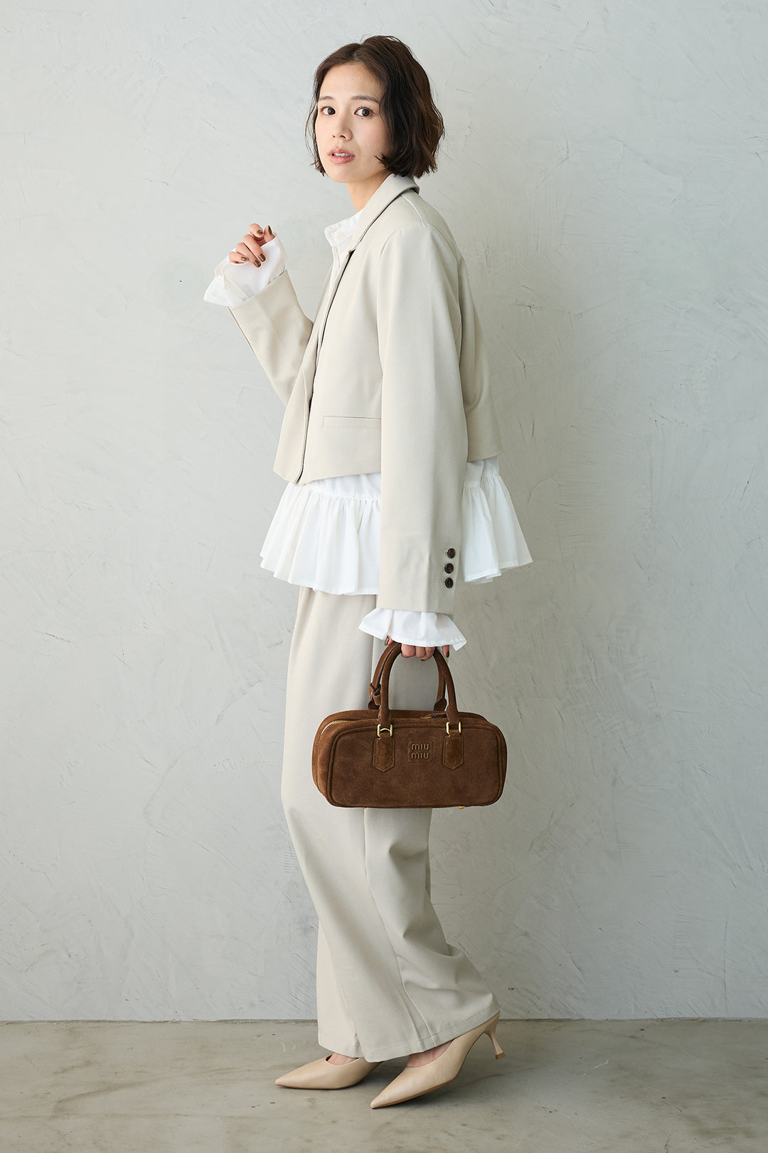 [予約/SET]フリルヘムスリーブブラウス+クロップドマニッシュシンプルジャケット+ツイルシンプルストレートパンツ(3set)