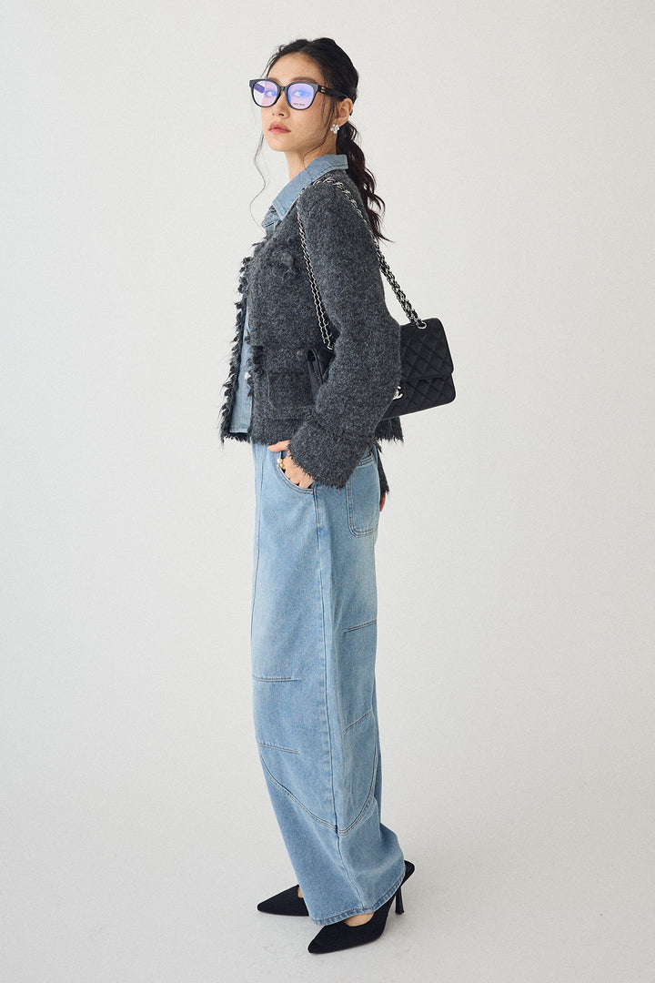 [予約/SET]デニムシャツドッキングツイードカーデ+ステッチ美ラインカーブデニムパンツ(2set)