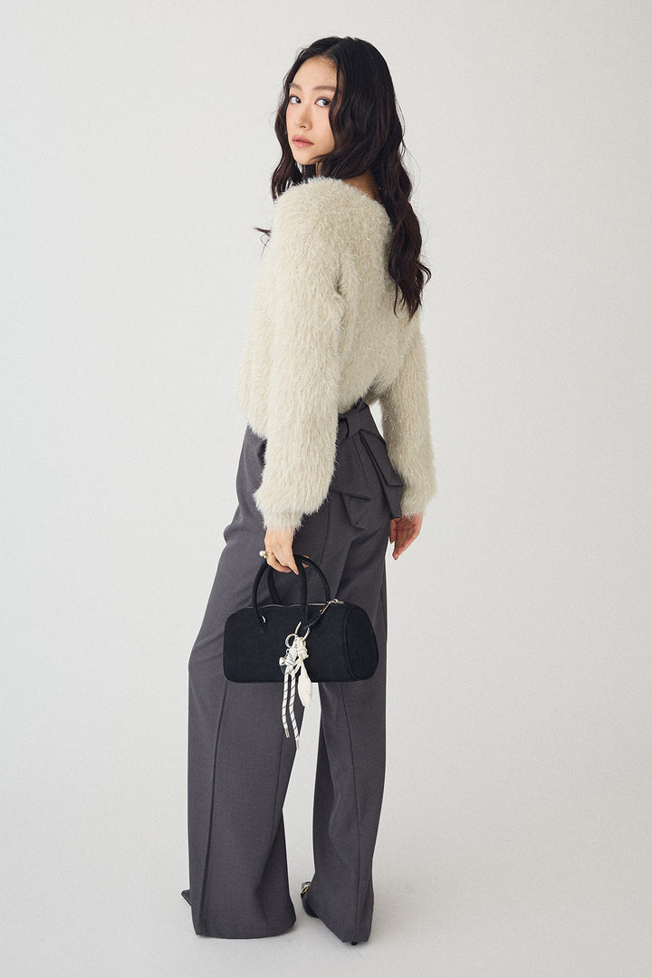 [予約/SET]ゴールドボタンラメシャギーニット+バックリボンストレートパンツ(2set)