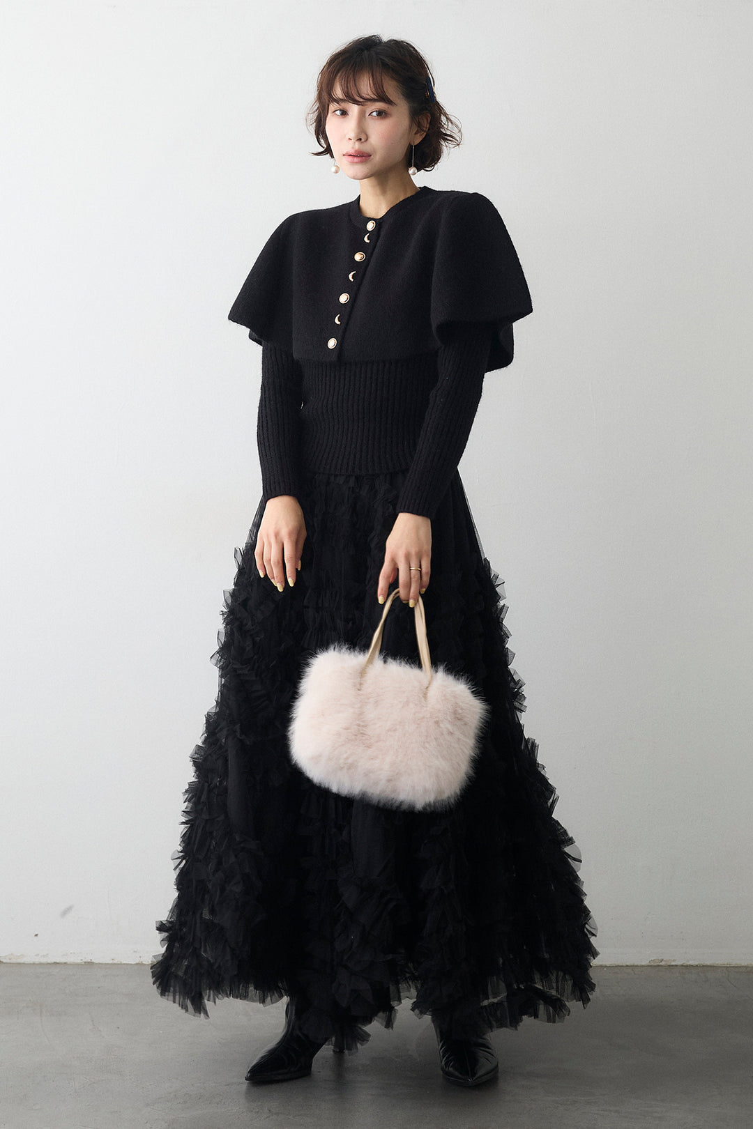 [予約/SET]ミックス釦ケープ2wayニット+スフレアシメチュールスカート(2set)