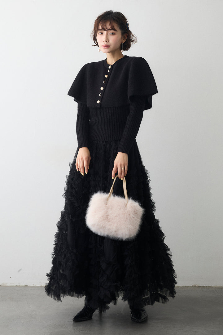 [予約/SET]ミックス釦ケープ2wayニット+スフレアシメチュールスカート(2set)