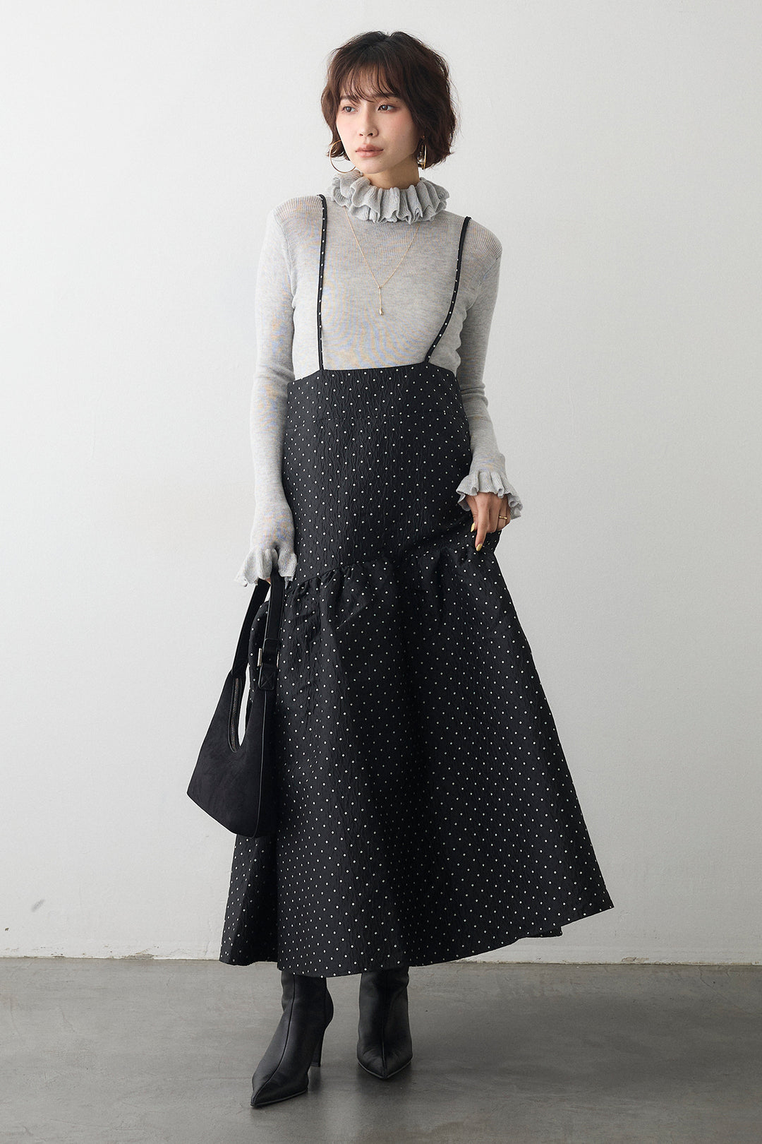 [予約/SET]ダブルフリルカラーニットプルオーバー+ドットジャガードギャザーフレアスカート(2set)