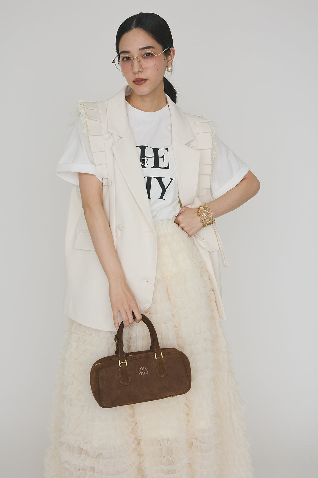 [予約/SET]ThecityロゴTシャツ+フリルショルダーテーラーマニッシュベスト+ホイップチュールティアードスカート(3set)