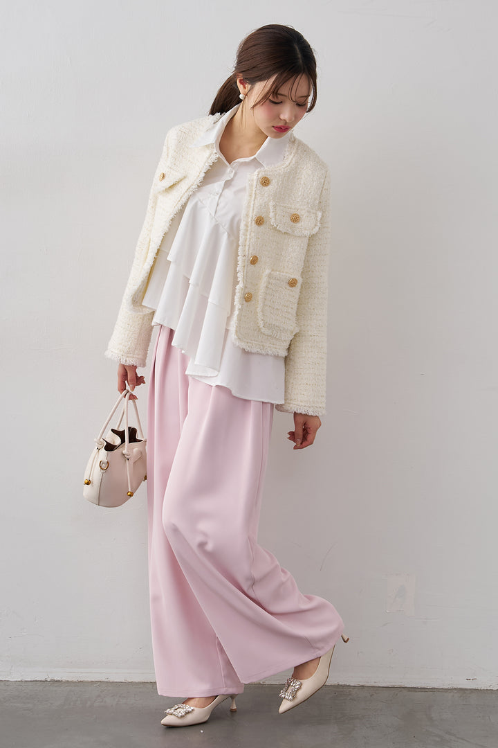 [予約/SET]フリンジツイードゴールドボタンジャケット+エステルツイルタックワイドカラーパンツ(2set)