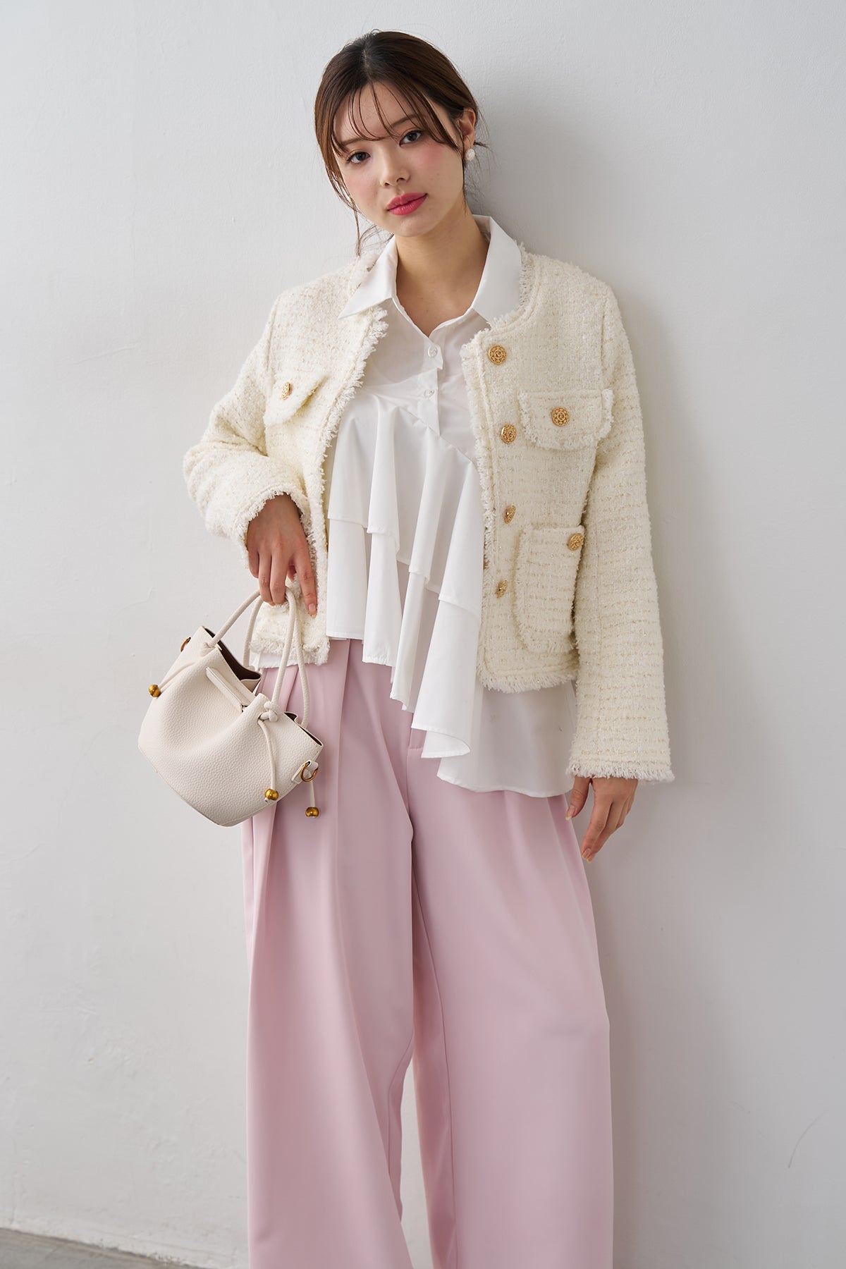 予約/SET]アシメフリルティアードシャツ+フリンジツイードゴールド