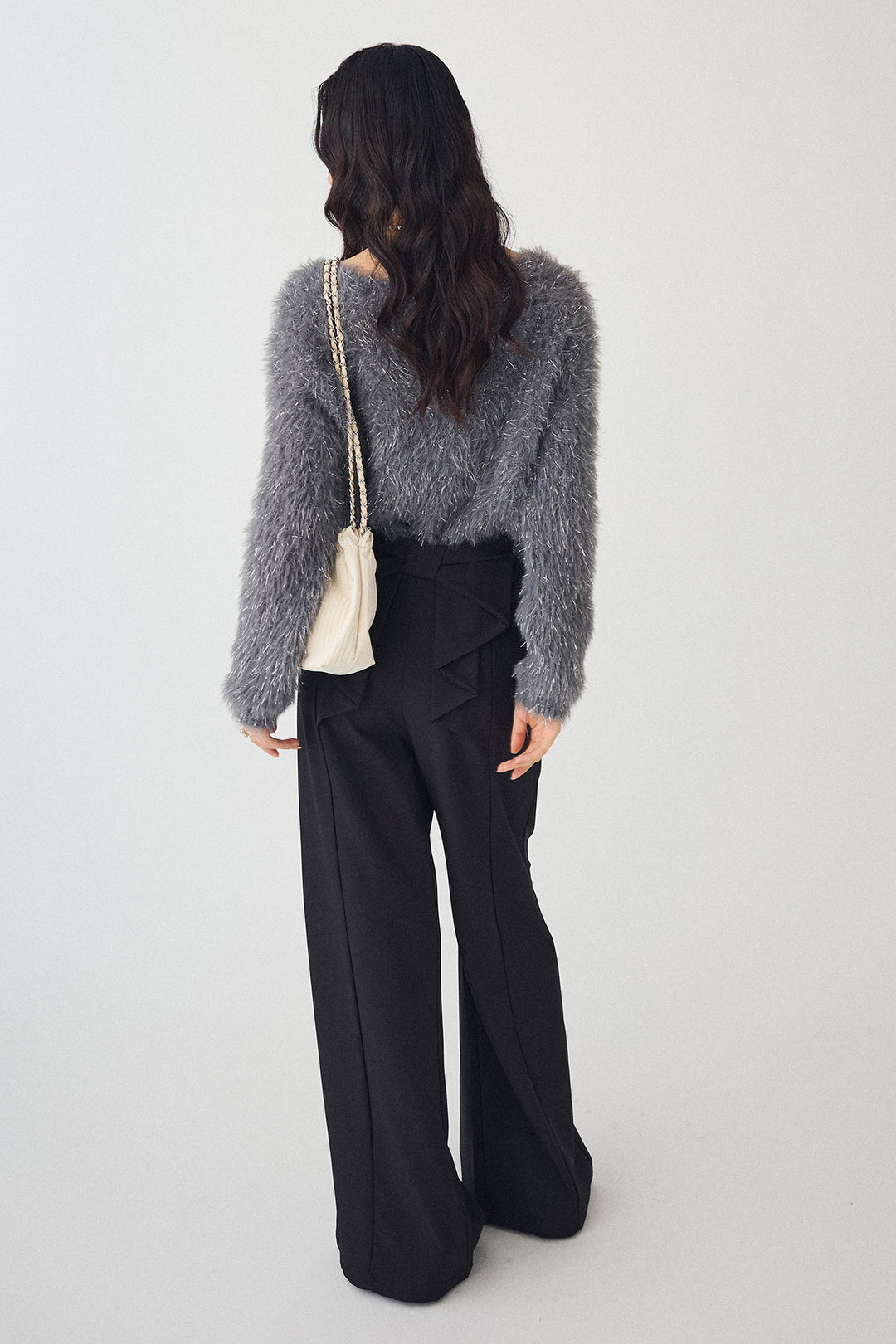 [予約/SET]ゴールドボタンラメシャギーニット+バックリボンストレートパンツ(2set)