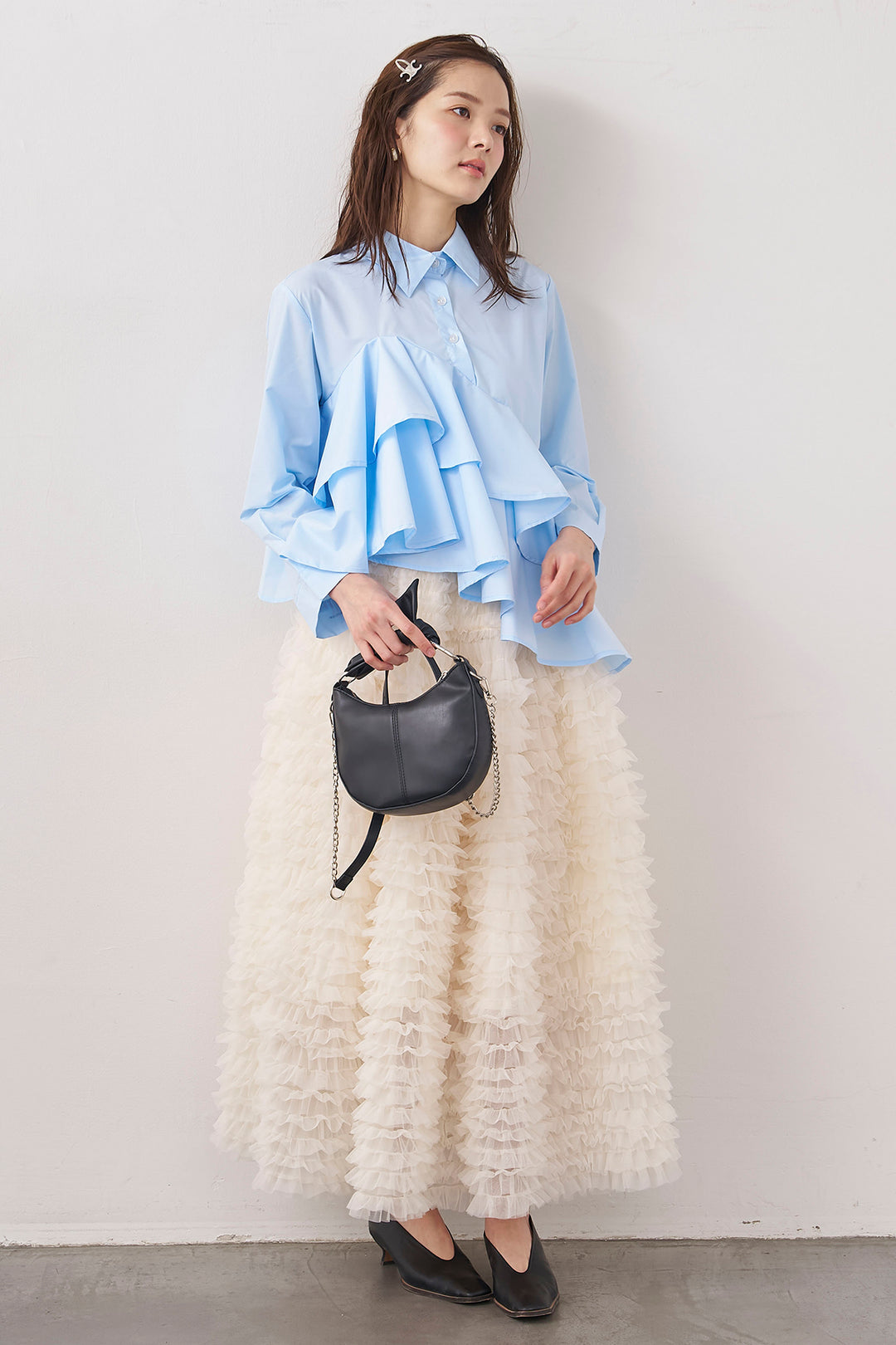 [予約/SET]アシメフリルティアードシャツ+ホイップチュールティアードスカート(2set)