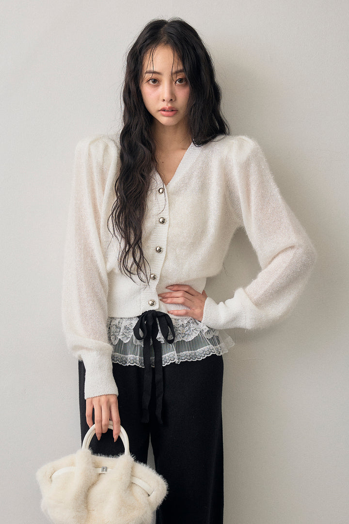 [予約/SET]コンシャスショルダーシャイニーニットカーデ+ウエストレースニットストレートパンツ(2set)