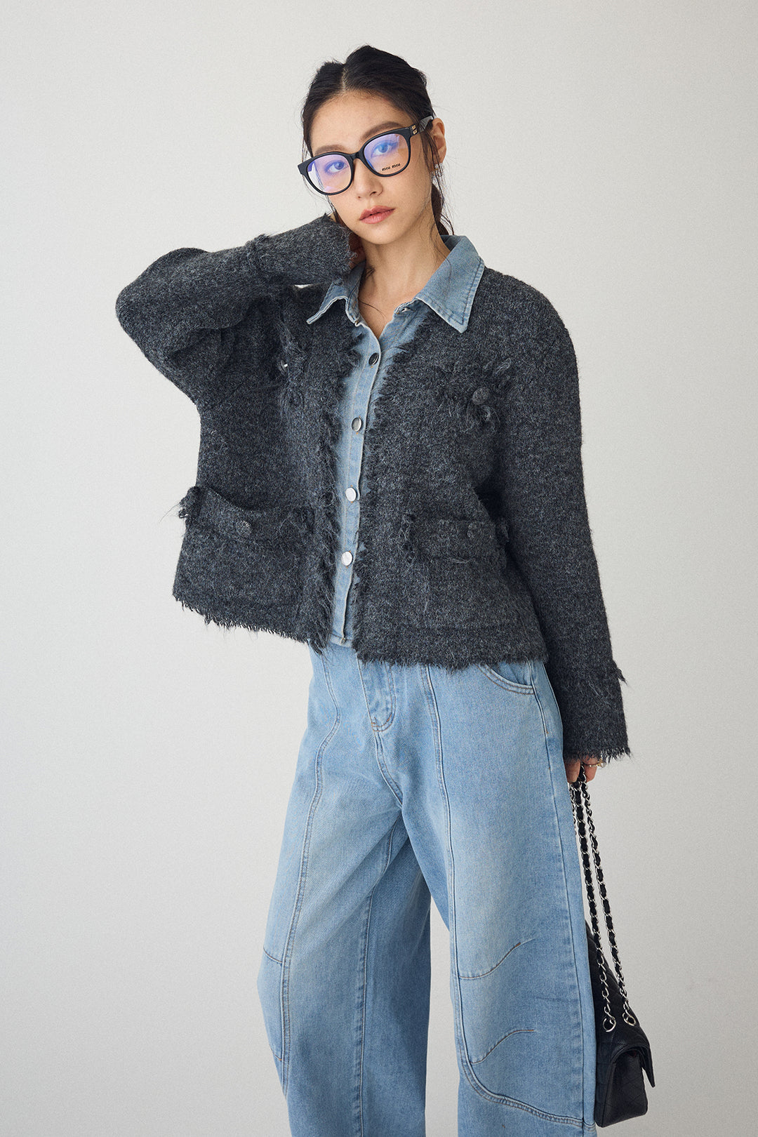 [予約/SET]デニムシャツドッキングツイードカーデ+ステッチ美ラインカーブデニムパンツ(2set)