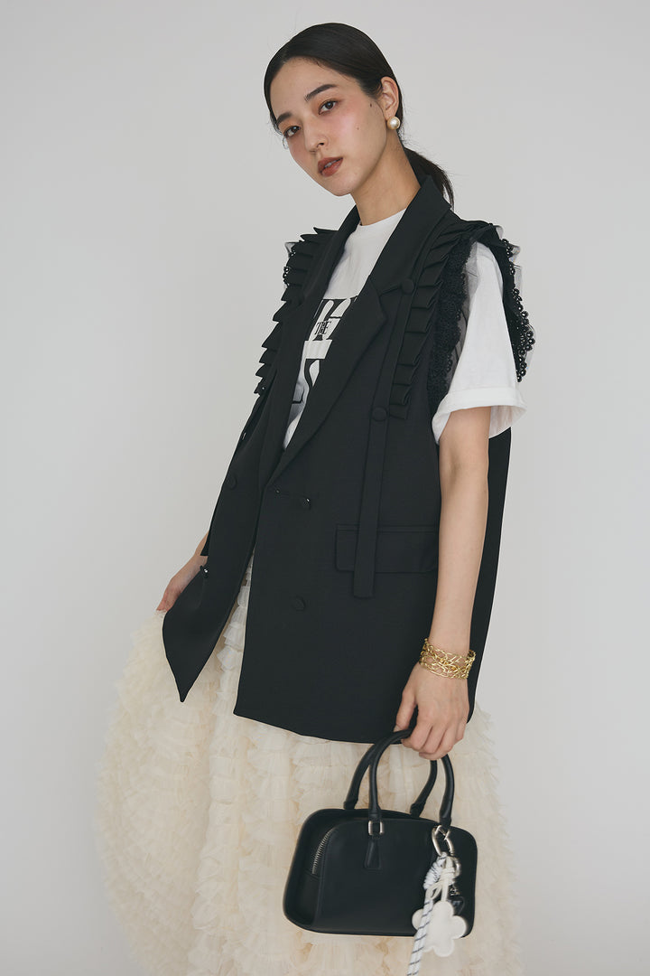 [予約/SET]フリルショルダーテーラーマニッシュベスト+ホイップチュールティアードスカート(2set)