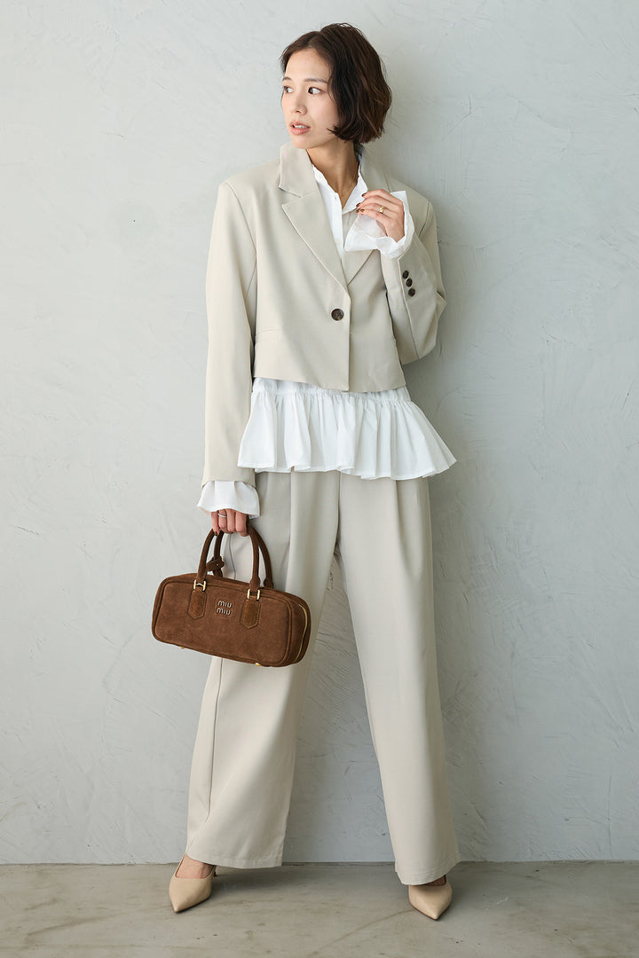 [予約/SET]フリルヘムスリーブブラウス+クロップドマニッシュシンプルジャケット+ツイルシンプルストレートパンツ(3set)