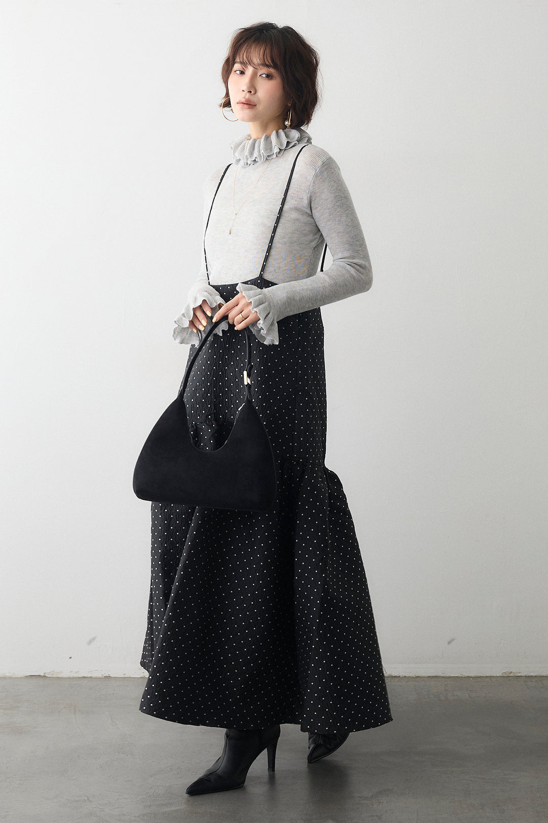 [予約/SET]ダブルフリルカラーニットプルオーバー+ドットジャガードギャザーフレアスカート(2set)