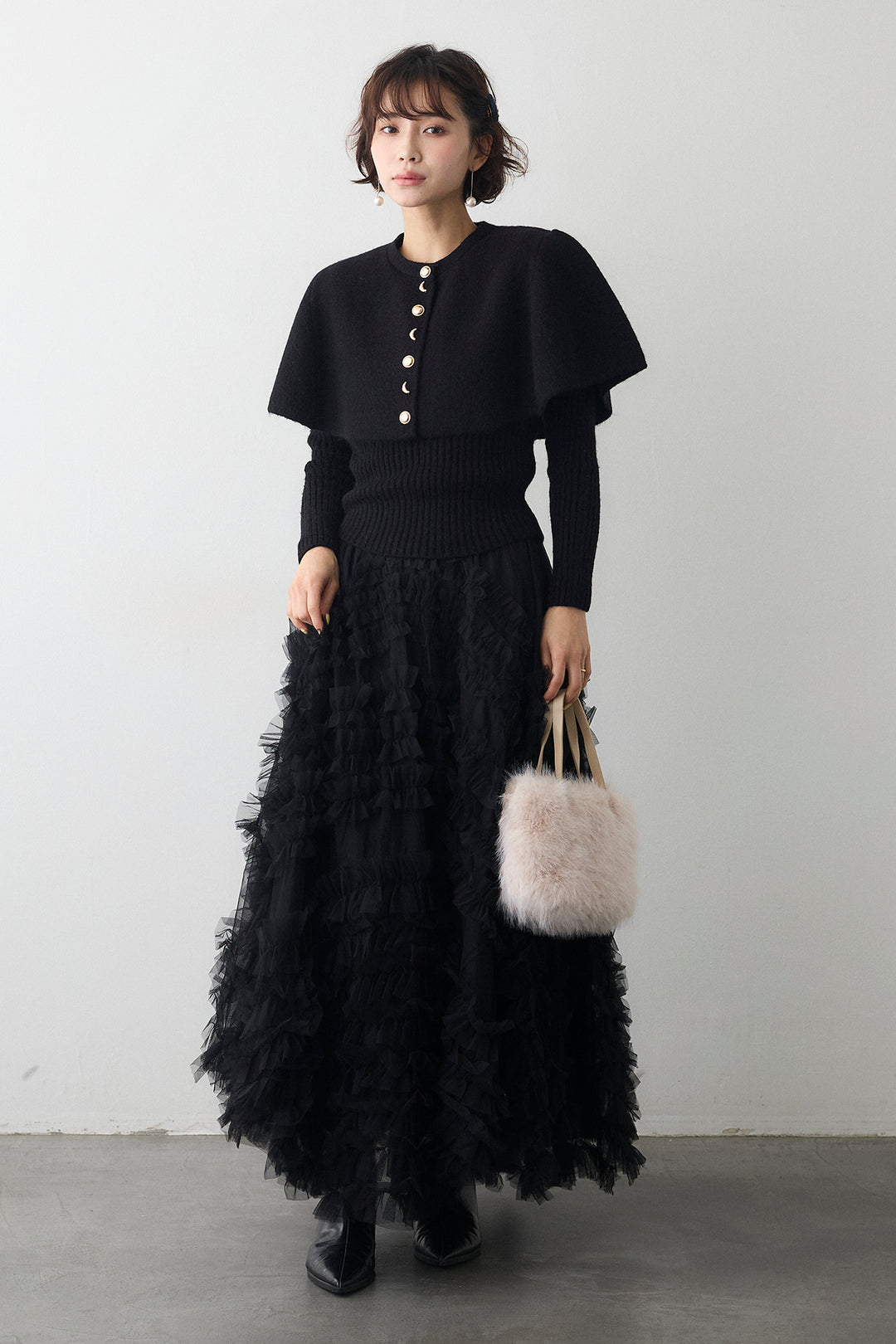 [予約/SET]ミックス釦ケープ2wayニット+スフレアシメチュールスカート(2set)