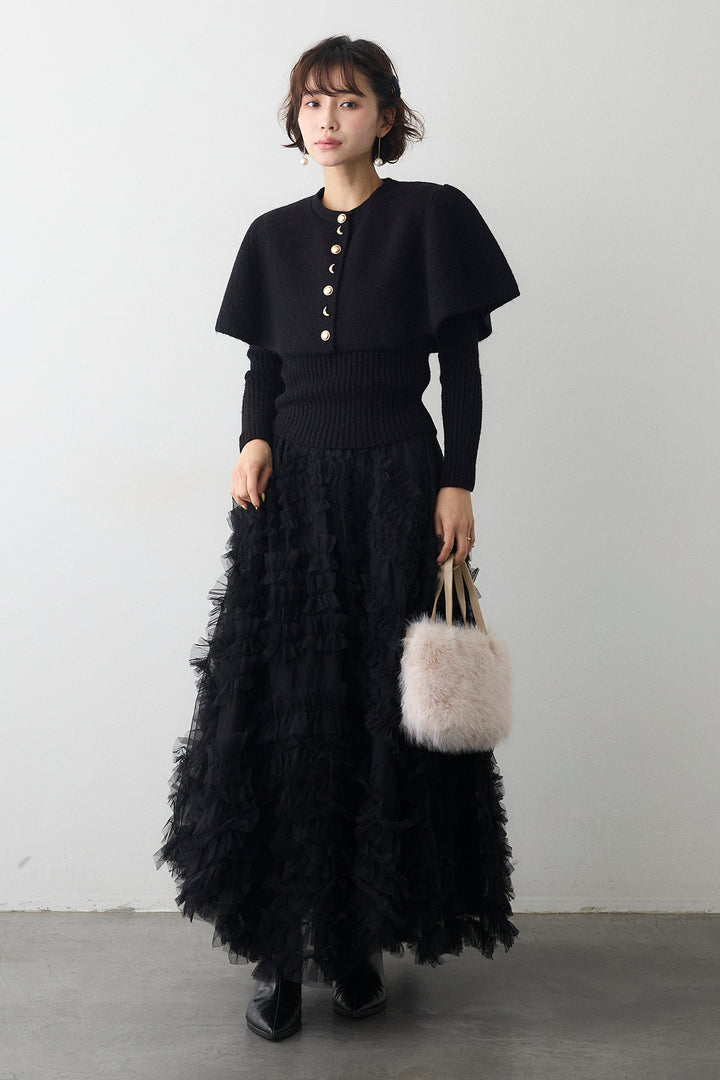 [予約/SET]ミックス釦ケープ2wayニット+スフレアシメチュールスカート(2set)