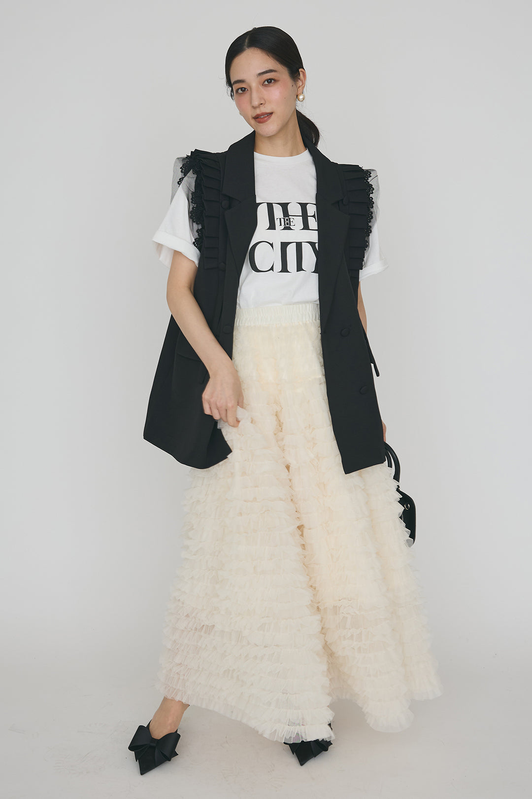 [予約/SET]フリルショルダーテーラーマニッシュベスト+ホイップチュールティアードスカート(2set)