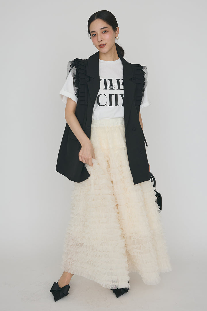 [予約/SET]フリルショルダーテーラーマニッシュベスト+ホイップチュールティアードスカート(2set)