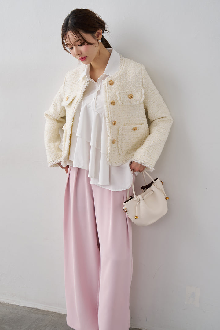 [予約/SET]フリンジツイードゴールドボタンジャケット+エステルツイルタックワイドカラーパンツ(2set)